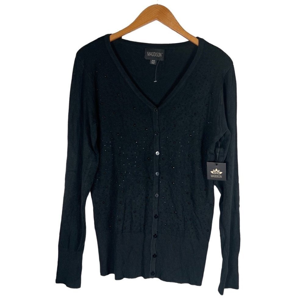 NWT Maddison Women Size M Black Shiny Beaded V Neck Cardigan Sweater L/S Classic